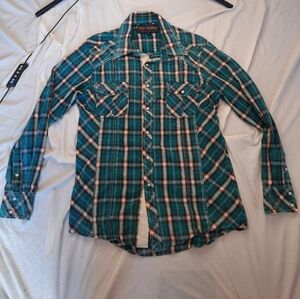 Rock & Roll Cowboy Western Shirt Mens Medium Greeb Plaid Long Sleeve Pearl Snap